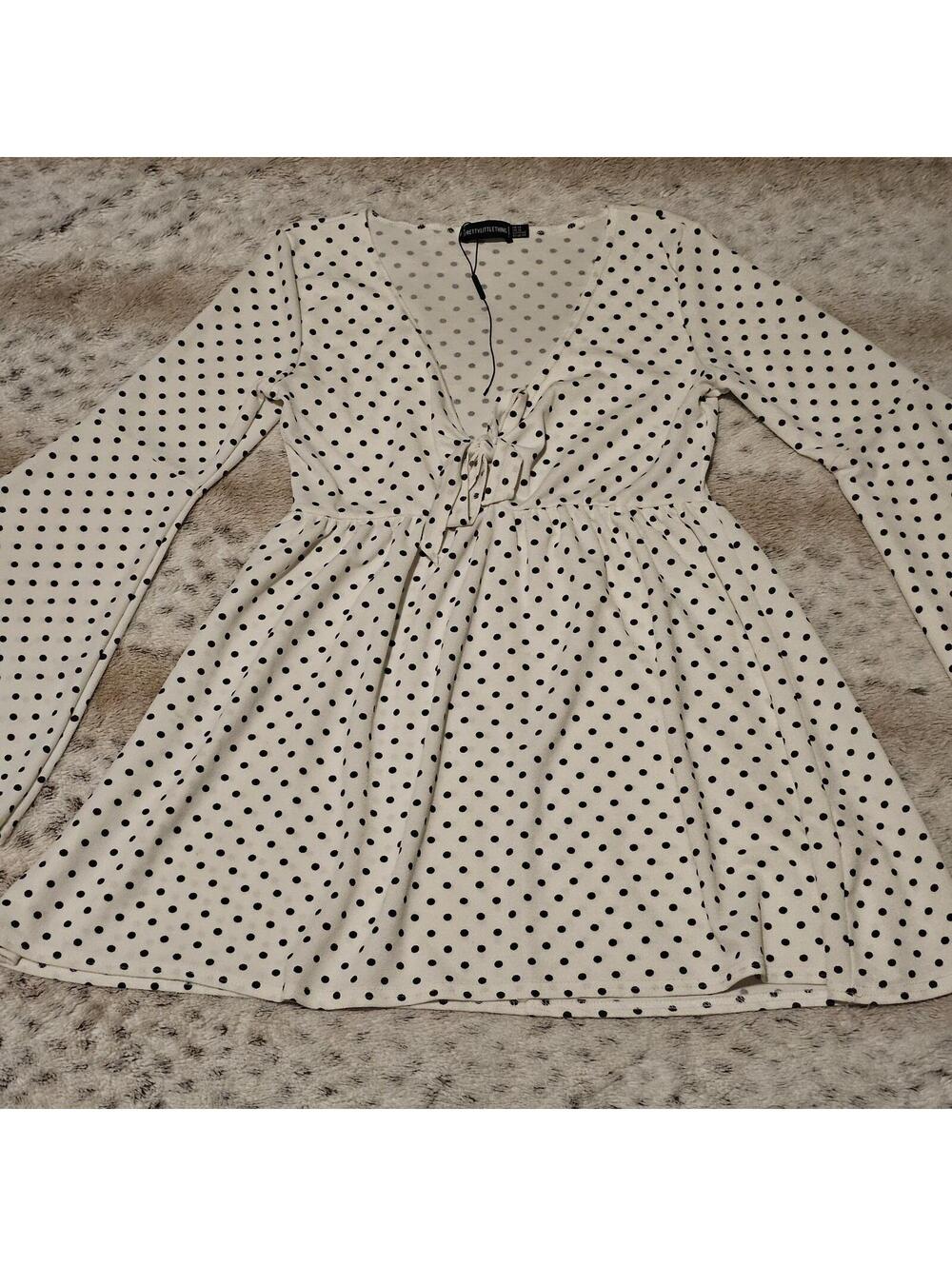 PrettyLittleThing White Polka Dot Fluted Sleeve Tie Tea Dress US 10 NWOT